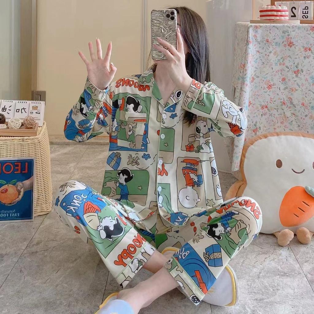 2pcs Spring And Autumn Ladies Pajamas Girls Homewear  Of Autumn And Winter Cartoon Cute Homewear Long-Sleeved Trousers Set
