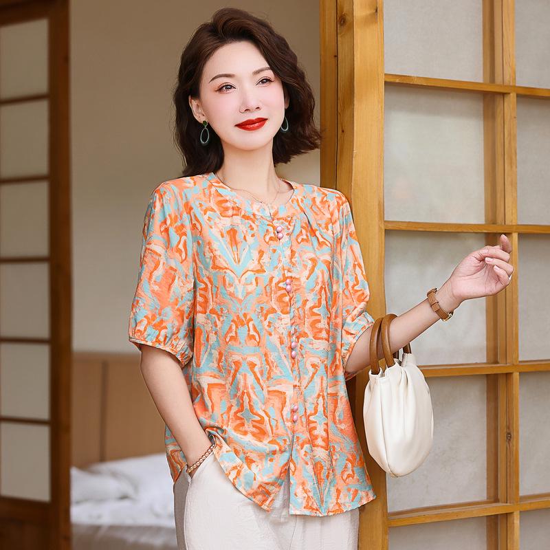 

Summer 2026 Stylish Plus Size Printed Round Neck Short Sleeve Shirt for Middle-aged Women 2XL (105-120 kg)