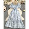French Style Retro Butterfly Print Square Collar Puff Sleeve Dress Women Summer Lace-up Waist Hugging Slimming Big Hemline Long Dress