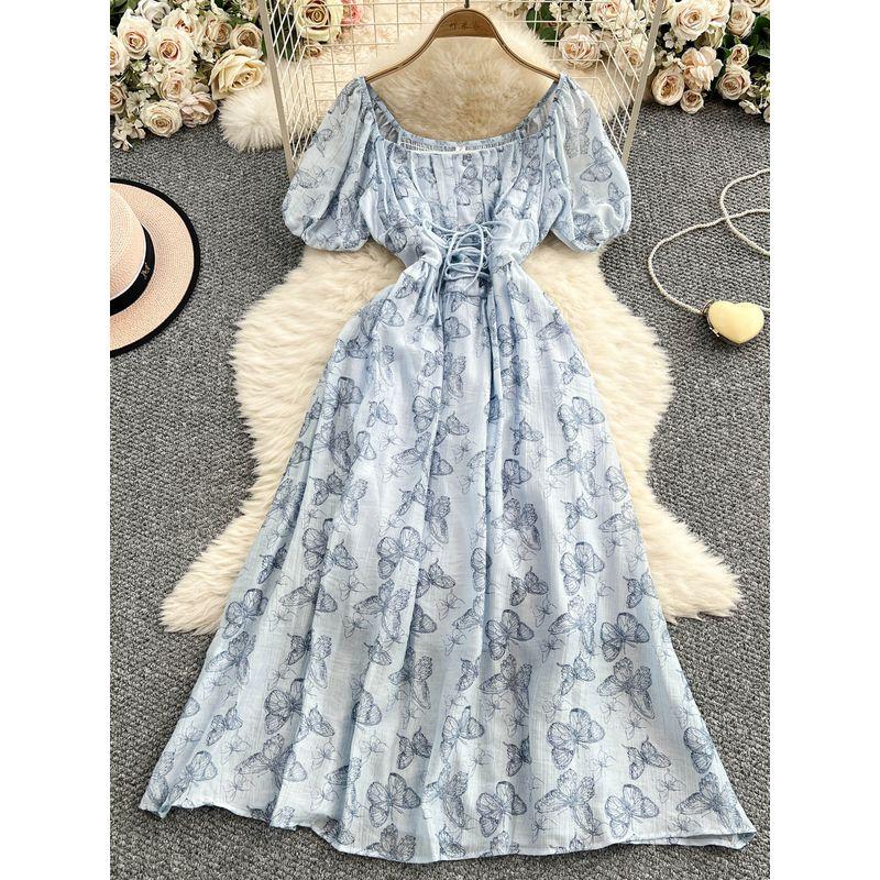 French style Retro Butterfly Print Square Collar Puff sleeve Dress Women Summer Lace-up Waist Hugging Slimming Big Hemline Long Dress