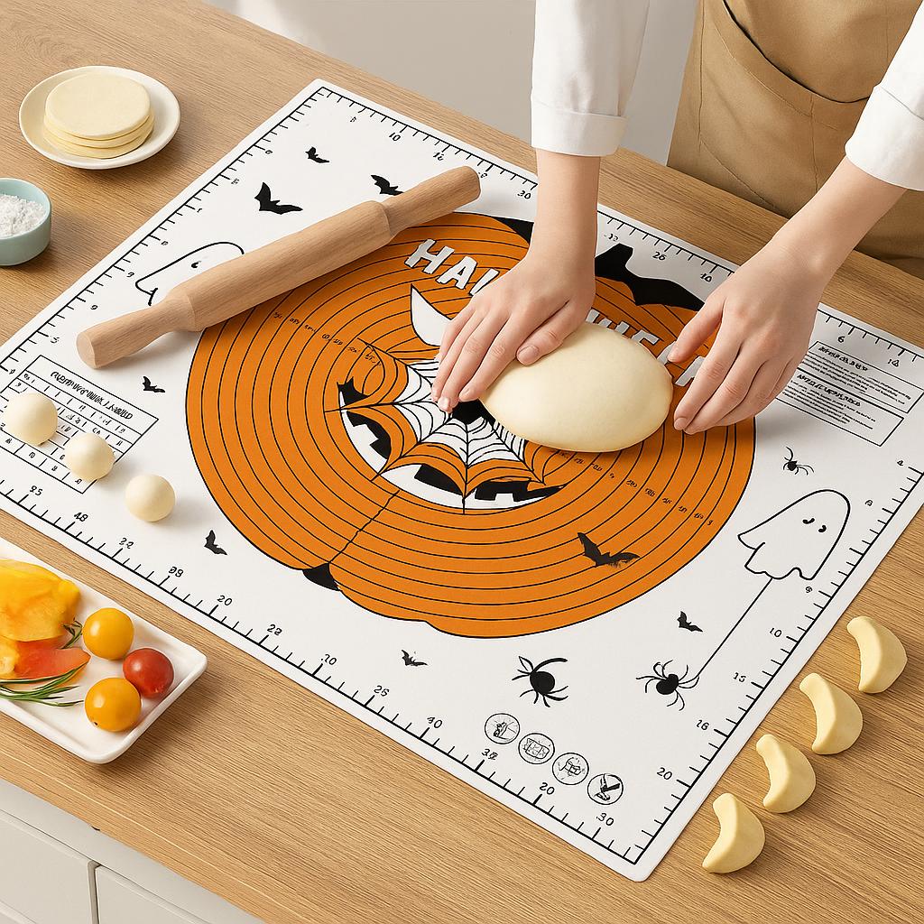 Nepřilnavá silikonová podložka na pečení s měřítkem - na válení těsta, vykrajování vánočního cukroví a pečení halloweenských koláčů - Nezbytná pomůcka na sváteční pečení