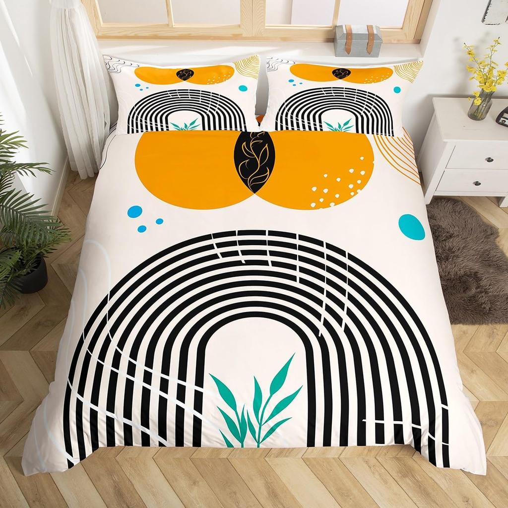 Abstract Red Sun Geometric Lines Duvet Cover Aesthetic Bedding Set Vintage Minimalist Comforter Cover Modern Circle Quilt Cover