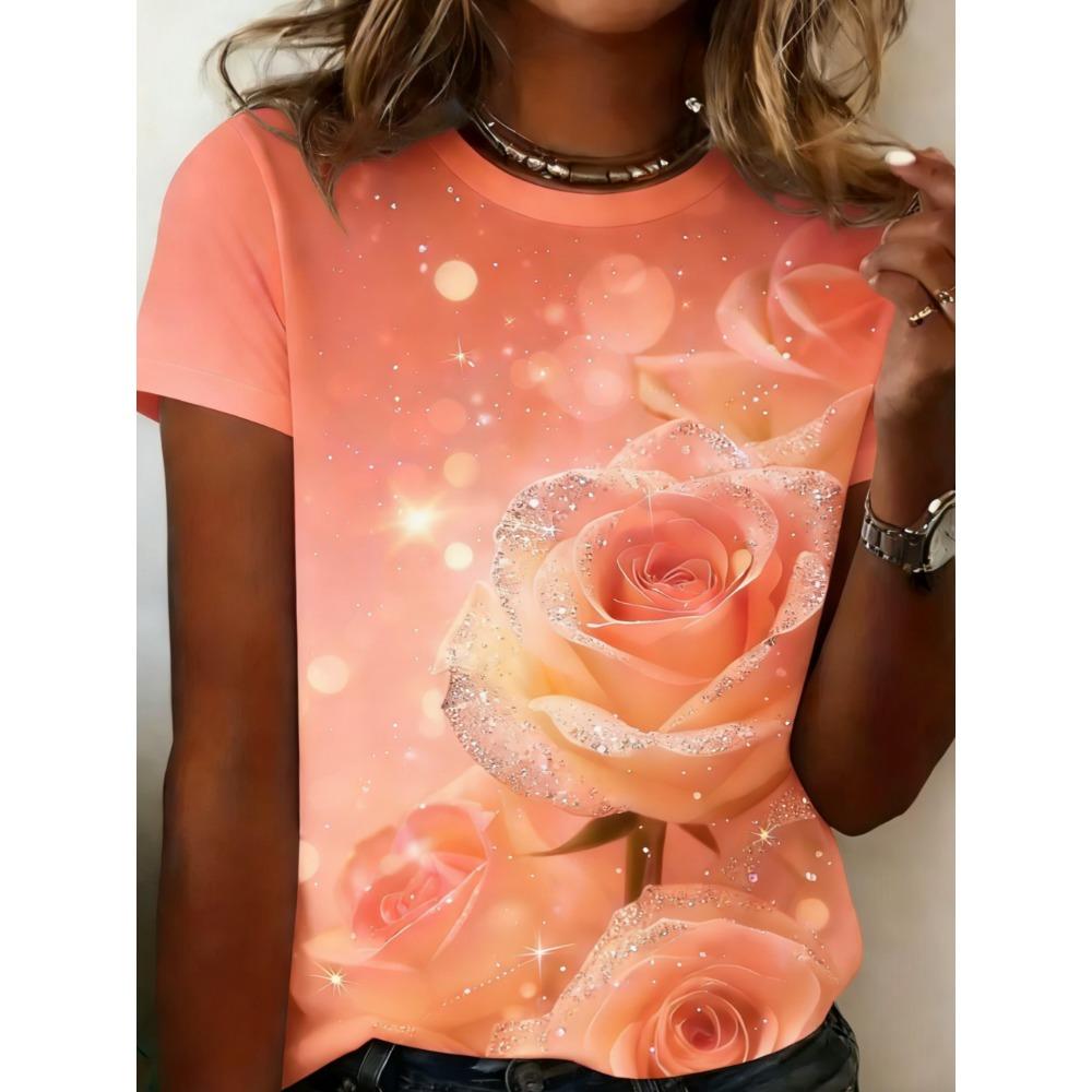 Damen Sommer Blumenprint Groß Locker Lässig T-Shirt Modisch Bequem Weich Atmungsaktiv Minimalistisch Täglich Kurzärmliges T-Shirt
