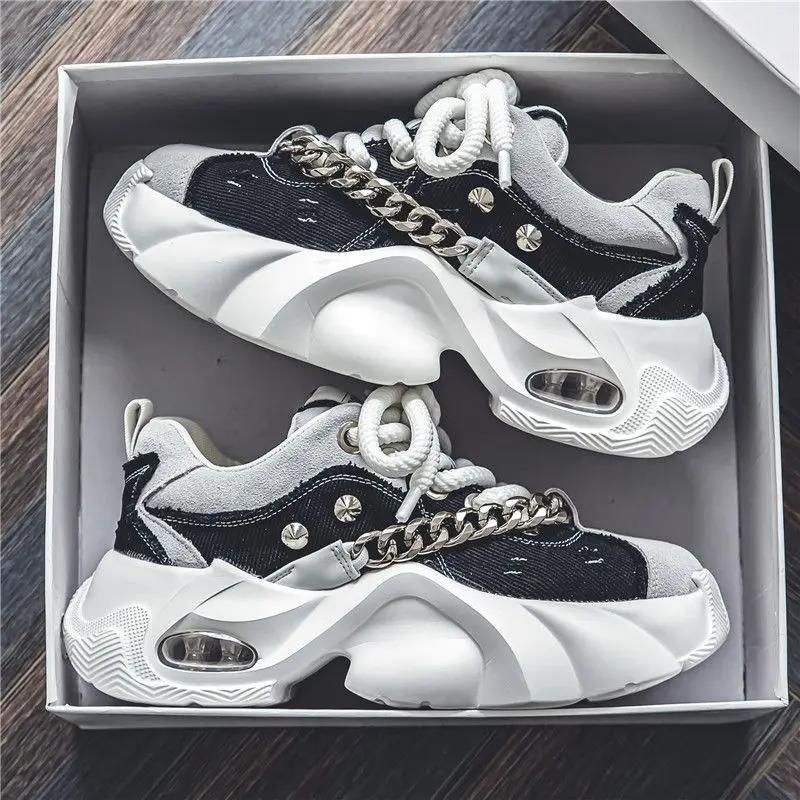 Fashion Men's Shoes  Autumn New Trendy Thick Soled Height Increasing Shoes Wear-resistant Metal Chain Tie Comfort Rivet Sneakers 2025