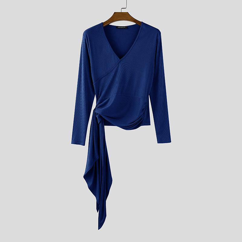 

INCERUN Mens V Neck Long Sleeve Front Cross Twisted Rib Casual T-shirts Tops 3XL синий