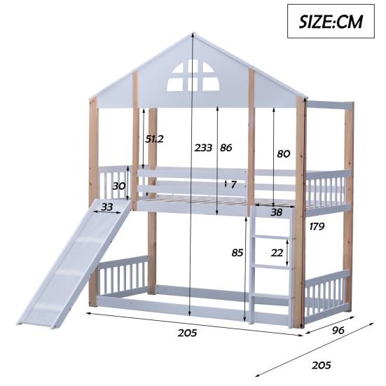 Bunk Bed with Fence Anti-fall Device Characteristic Windows Ladder Wood Frame Family Loft Bed Home