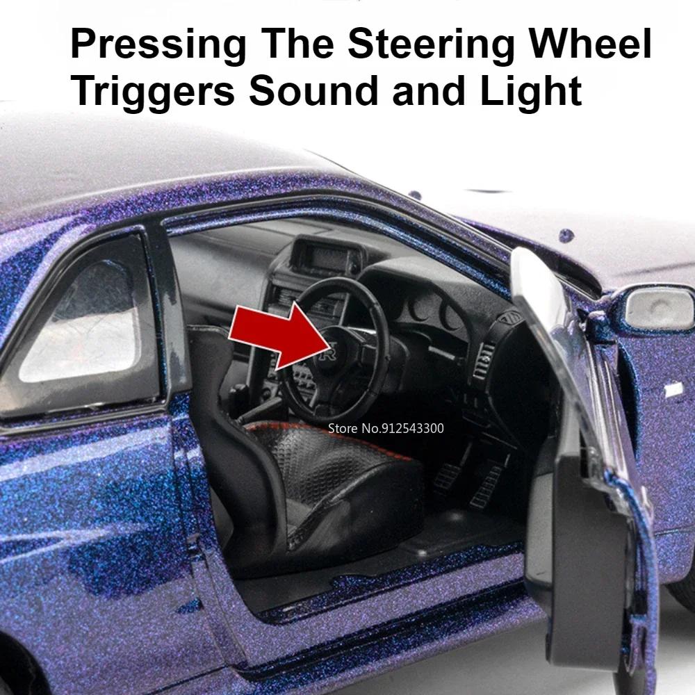 1:24 GTR-R34 Sports Car Model Toy Music Light Pull Back Diecast Metal Shock Absorption Supercar Models Home Decor Decoration