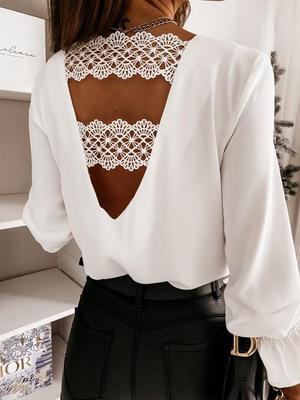 Women's 2021 Spring Gather V-Neck Long Sleeve Lace Back Blouse