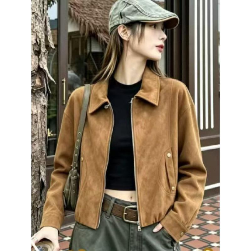 Womens Suede Velvet Short Jacket Casual Loose Fit Moto Style Cardigan In Khaki Coffee Olive