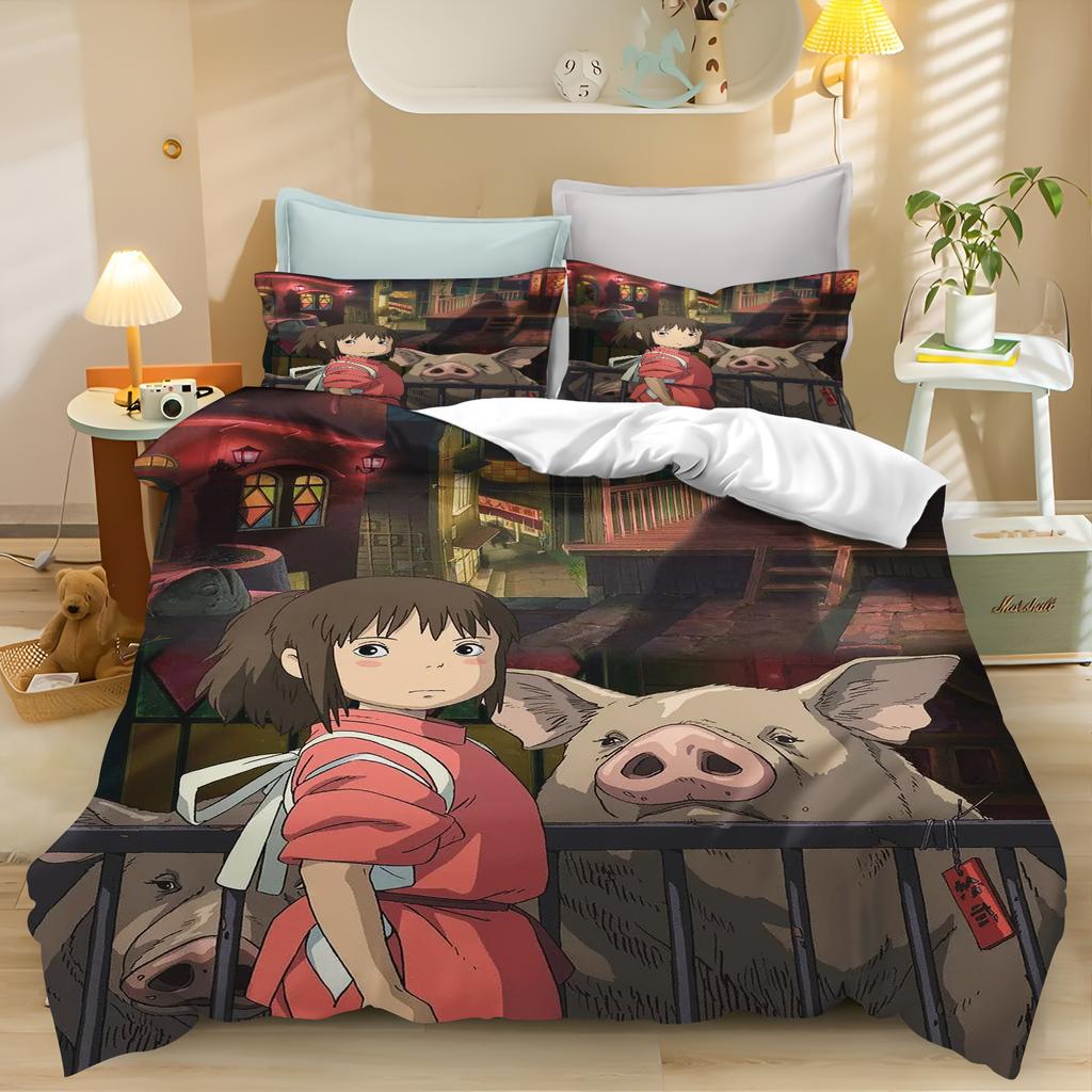 Set Biancheria da Letto La Città Incantata, Copripiumino Carino con Stampa Anime con Federe, Biancheria da Letto Morbida in Microfibra per Camera da Letto dei Bambini Decorazioni per la Casa