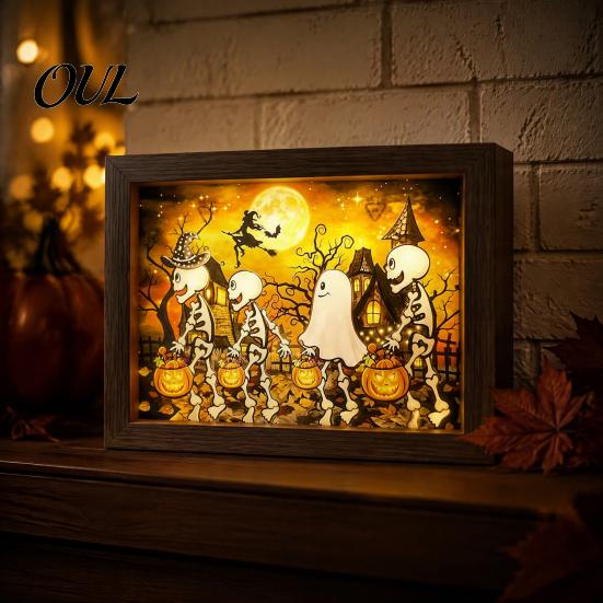 Indoor Festive Atmosphere Decor Ghost Photo Frame Lamp, Halloween Lighted Shadow Box, Haunted House Theme Gothic Skeleton Table Centerpiece