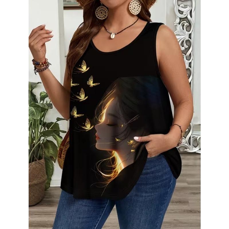 Women's Cat Print Casual O Neck Top Sleeveless Vest Loose Versatile Fashion Stylish Commuting Top