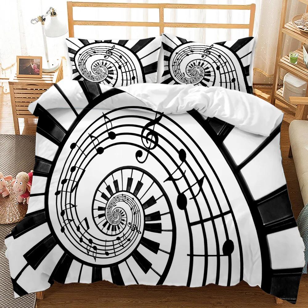 Hudební potah na přikrývku Hudba s nástrojem G-Clef Black, dvojitá sada povlečení Monochromatický kreativní rytmický zdobený polyesterový potah