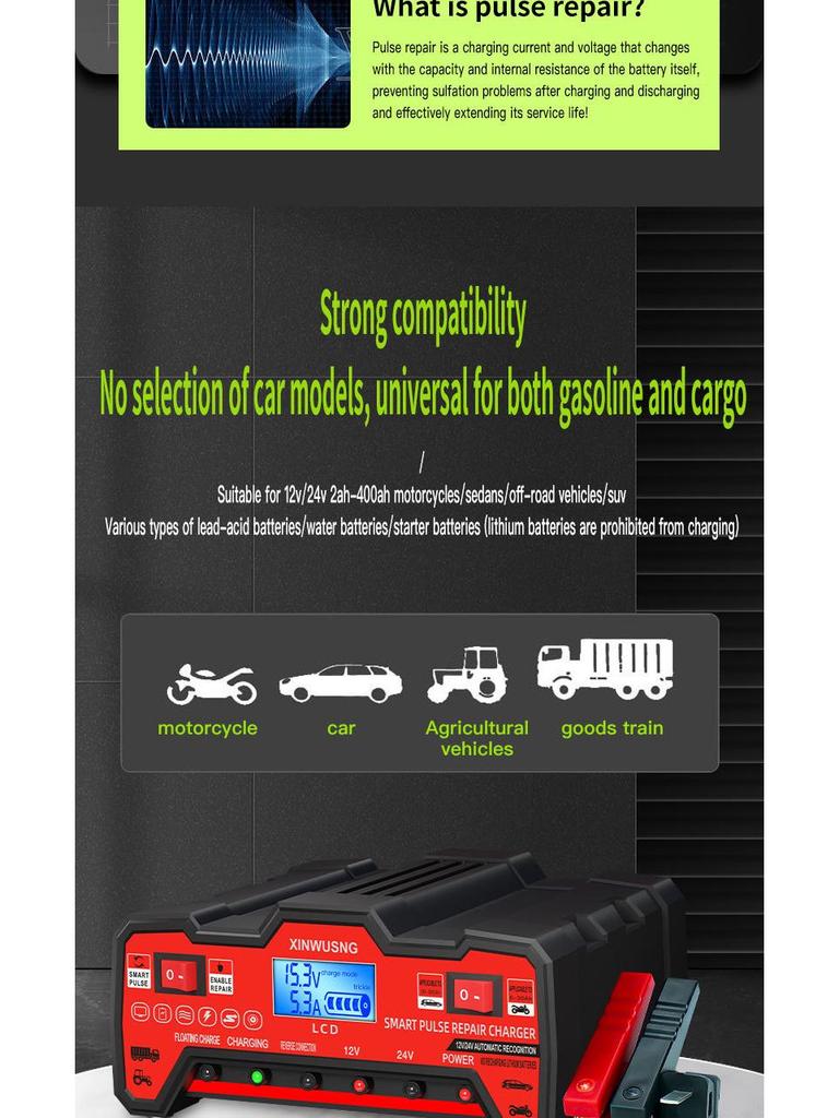 12V/24V High-Power Smart Car Battery Charger with Start-Stop and Universal Compatibility