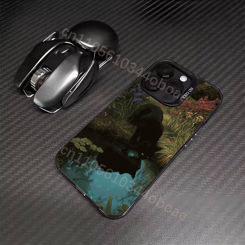 Retro Oil Painting Black Cat Phone Case For iPhone 17,16,15,14,13,12,11,Pro,Max,Plus Soft Black Cover