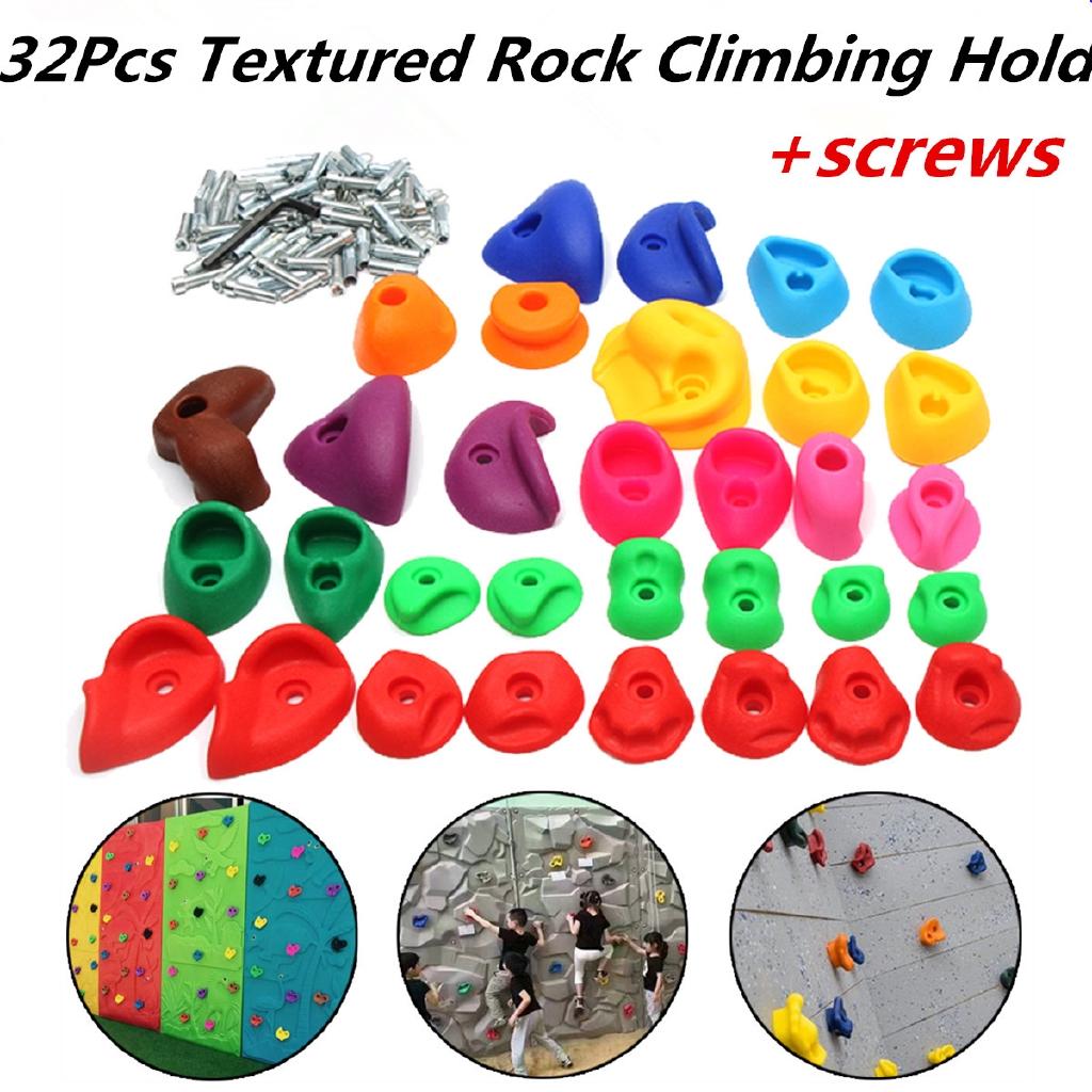 32Pcs Children's Climbing Wall Plastic Stones Holds Hand Feet Starter Rock Holder+Screws
