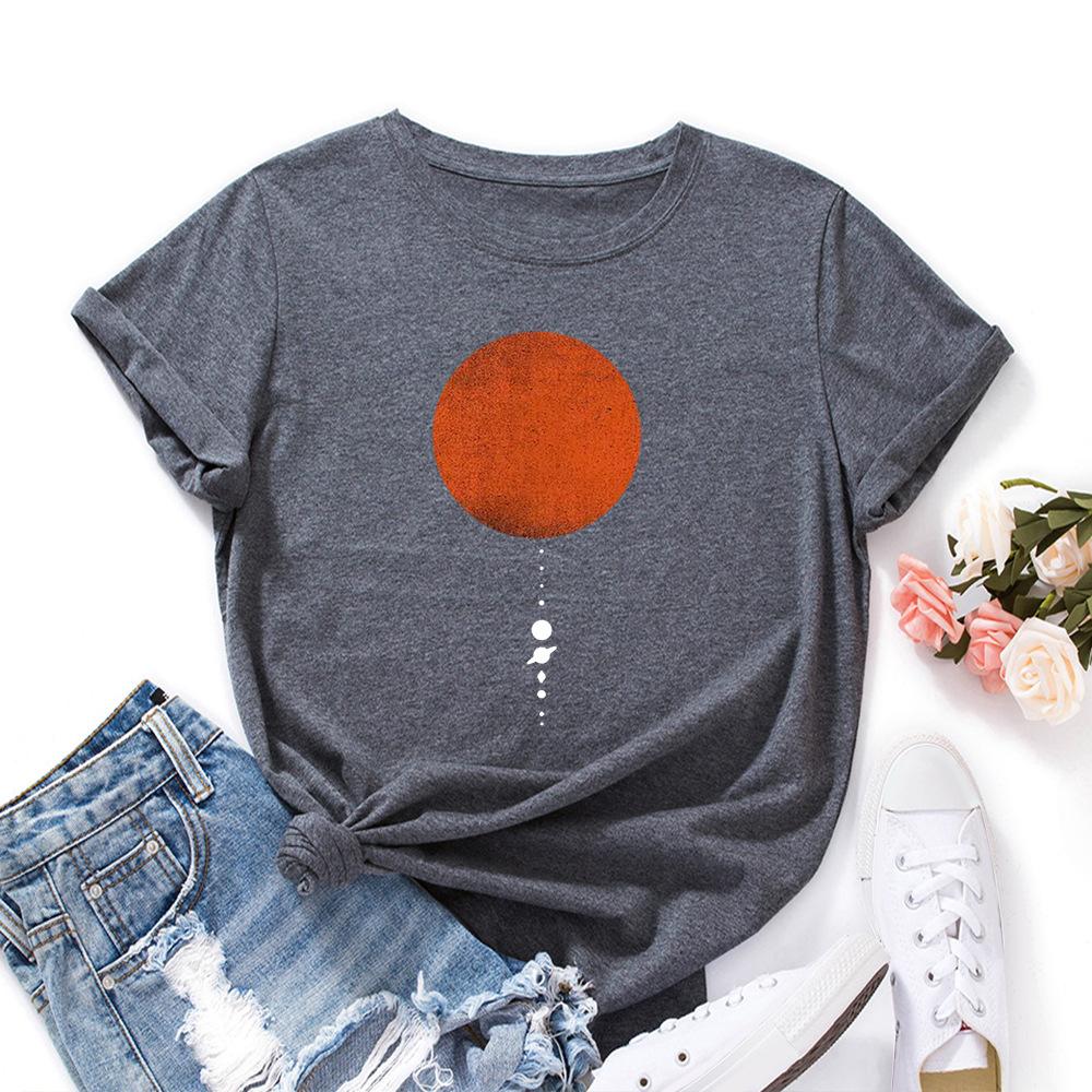 Women's Moon Planet Printed Loose Round Neck Short Sleeved T-shirt for Women Shirt