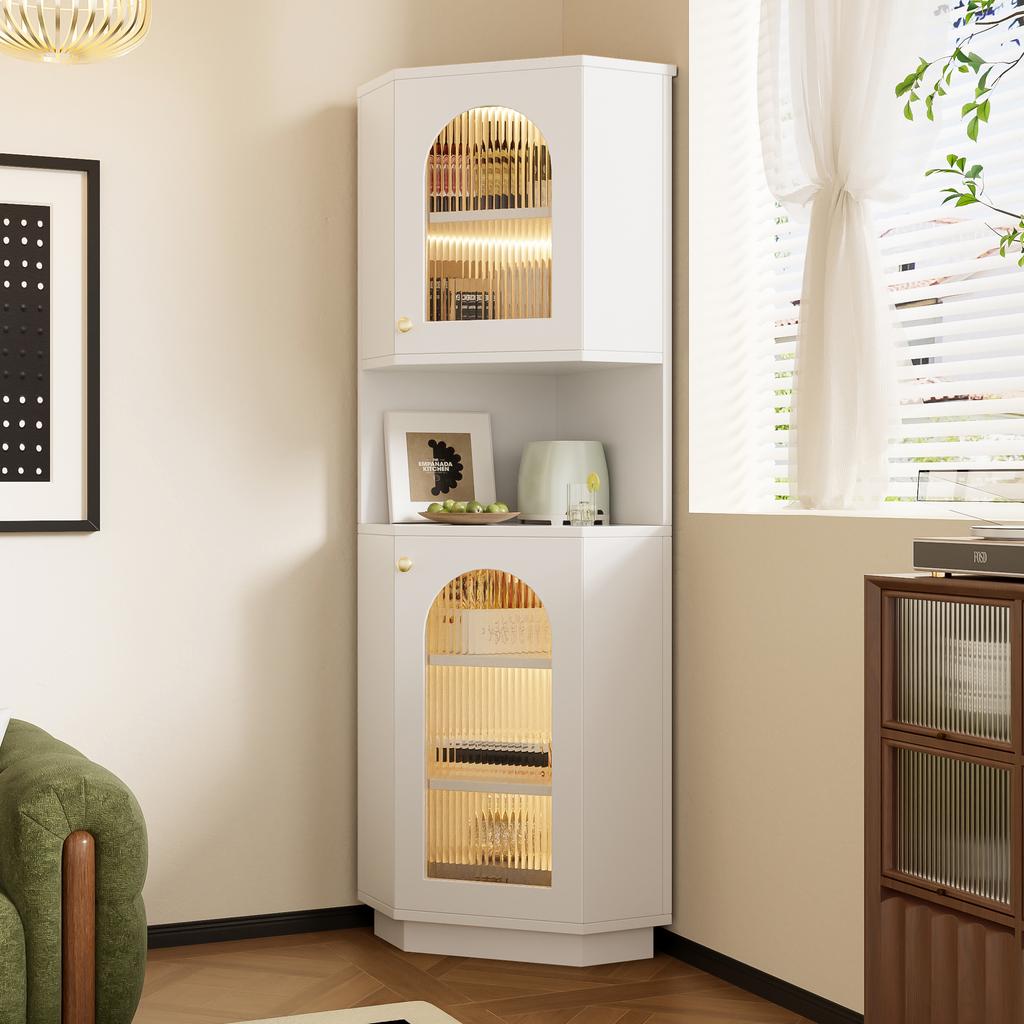 Bathroom Cabinet with Light Strip, Corner Cabinet with Two Storage Compartments, Open Compartment with Adjustable Shelves, 45x 45 x 166.5 cm, White