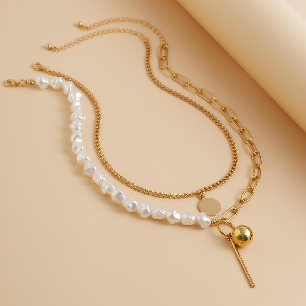 Personalized Fashion Style Geometric Pendant Necklace, Special-shaped Imitation Pearl Irregular Multi-layer Stacking Necklace