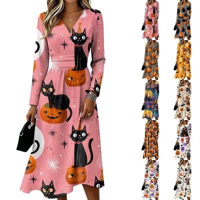 Dámské ležérní šaty na Halloween s potiskem, dlouhým rukávem, výstřihem do V a kapsami
