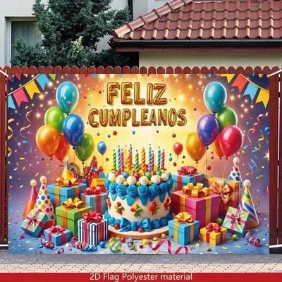 2D Colorful Feliz Cumpleanos Backdrop with Cake and Balloons Photography Background