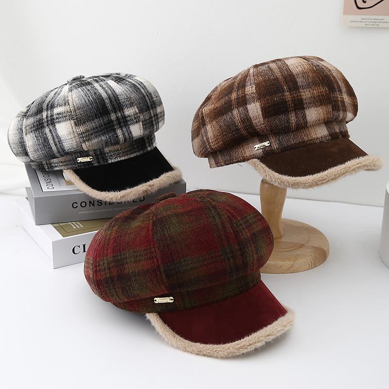 Vintage Plaid Octagonal Beret Women Autumn Winter Hats For Women Keep Warm Painter Cap New