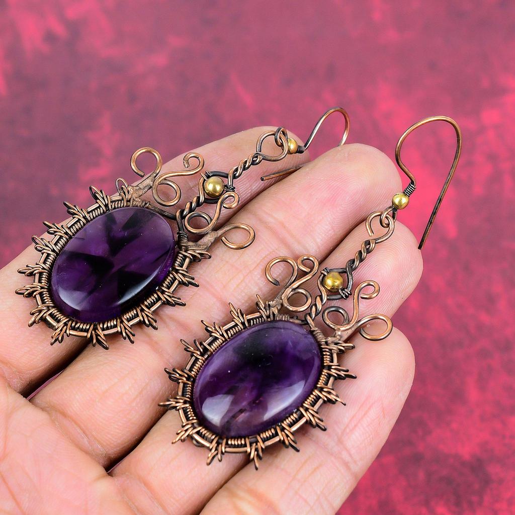 Star amethyst earrings copper wire wrapped earring handmade earring gemstone copper jewelry unique earring gift for mom wire weaving jewelry