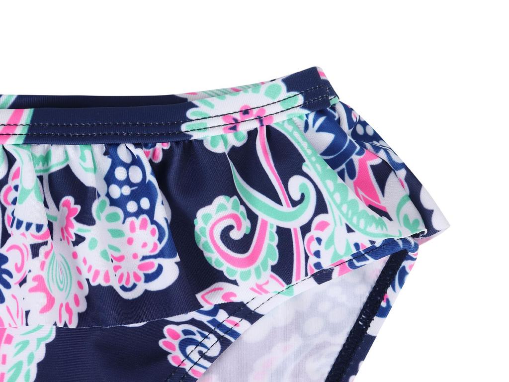 Tropical Plant Print Girls' Long-Sleeved Swimsuit Set with Ruffle Bottoms - Quick-Dry & Sun Protection