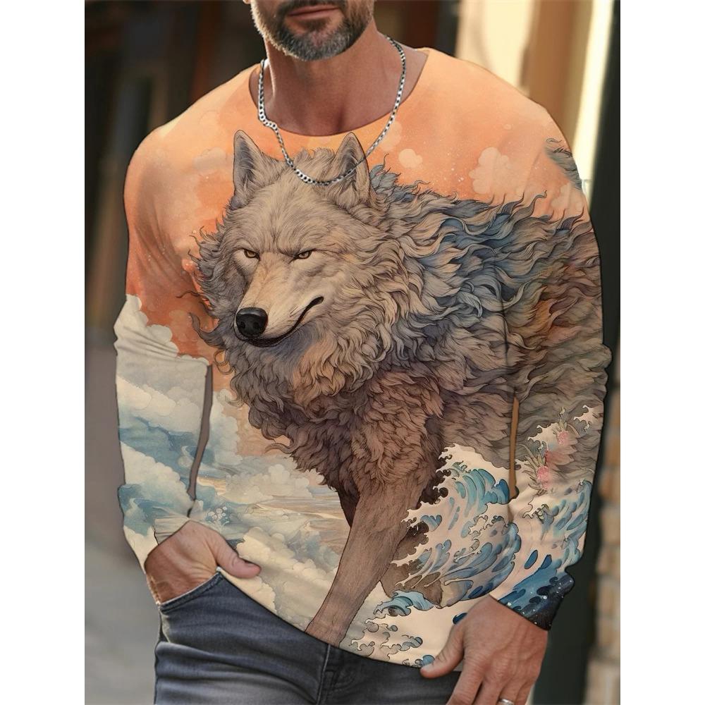 Spring and Autumn Round Neck Wolf Pattern 3D Ukiyoe Printed Top Fashionable Casual Long Sleeved Men's T-shirts