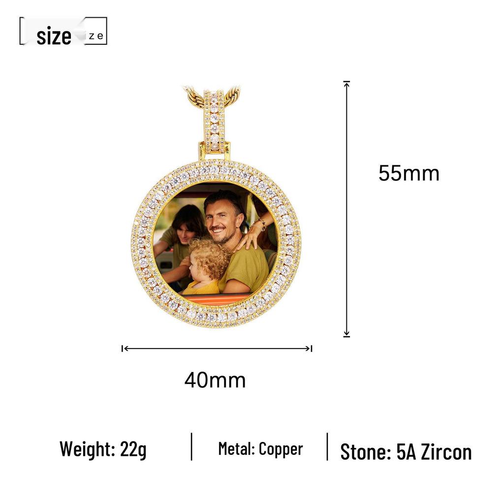 European Copper Zircon Round Hip Hop Photo Frame Pendant Necklace for Men