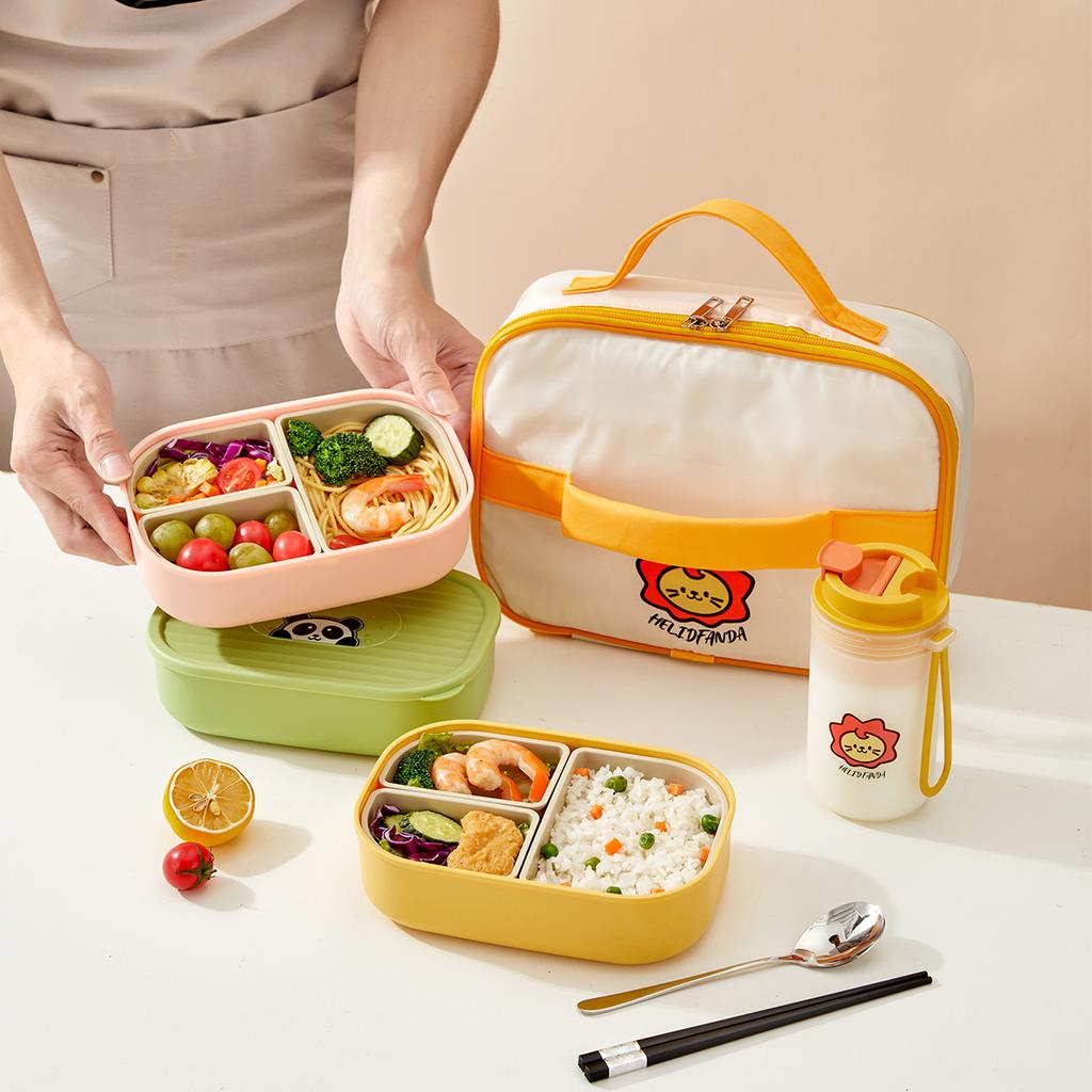 3-Compartment Cute Plastic Lunch Box Portable Detachable Fruit Salad Food Container Divided Bento Box Microwave Safe