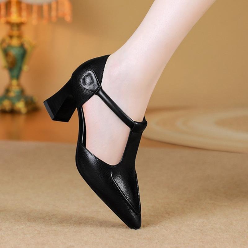 Hollow High-heeled Single Shoes Autumn New Pointed Toe Shallow Mouth One Belt Non-slip Wear-resistant Block Heel Shoes