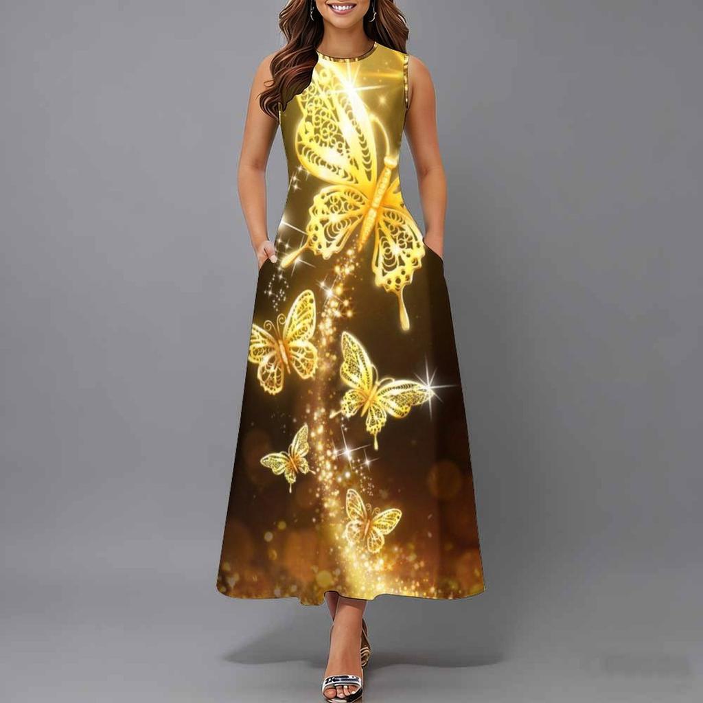 Women Oversized Sleeveless Round Neck Dress Jungle Foliage Pattern Flowy Calf Length Dress