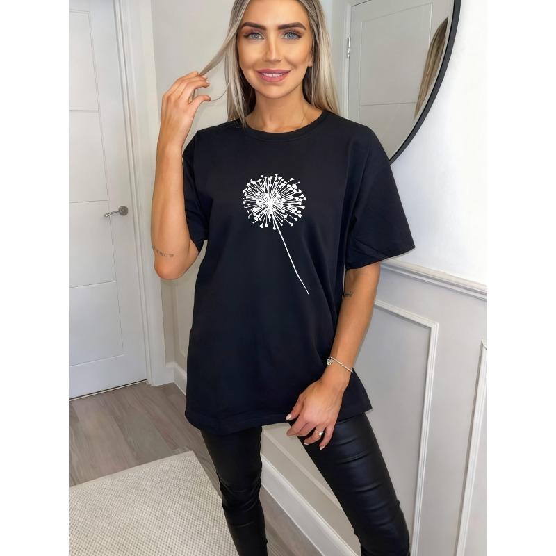 Black Oversized T Shirt With Dandelion Print For Casual Wear And Everyday Style