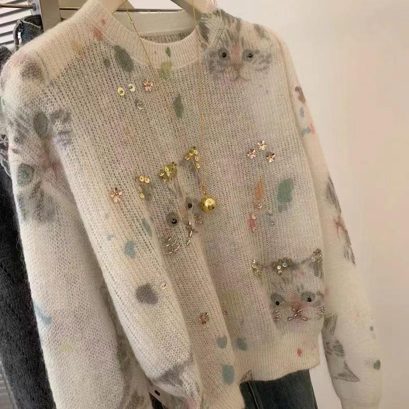 Chic Cat Print Studded Pullover Knitwear - Age-Reducing Lazy Style Women's Autumn Sweater 2024