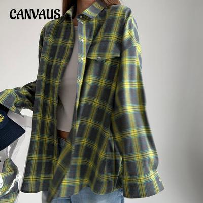 Vintage Lapel Loose Shirt Spring and Autumn Plaid Long-sleeved Pocket Women's Shirt