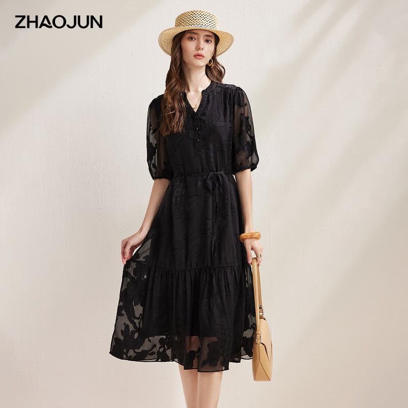 Zhaojun Women's Mulberry Silk Pleated Jacquard Half-Sleeve Dress