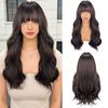 Women Stylish Long Wave Hair with Bangs Synthetic Black Brown Wigs for Daily Cosplay Use Heat Resistant Fibre