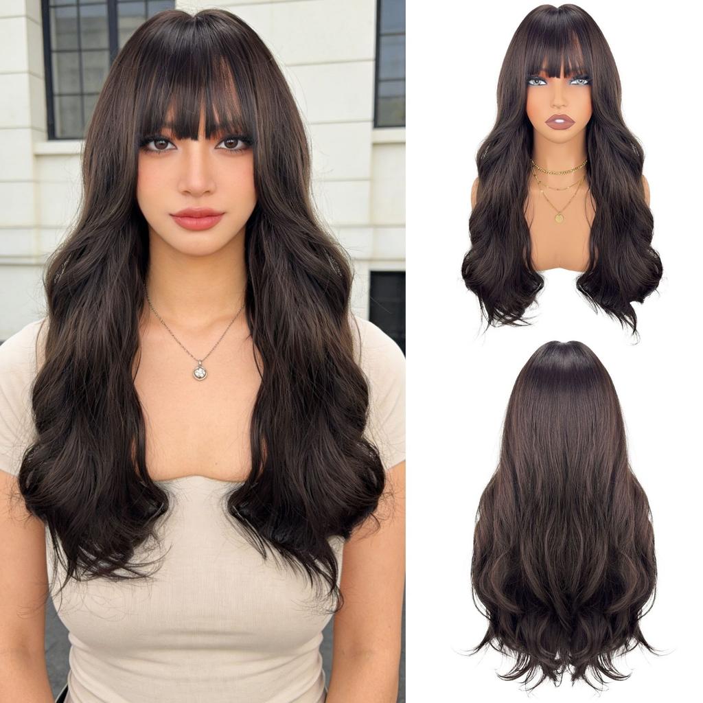 Women Stylish Long Wave Hair with Bangs Synthetic Black Brown Wigs for Daily Cosplay Use Heat Resistant Fibre