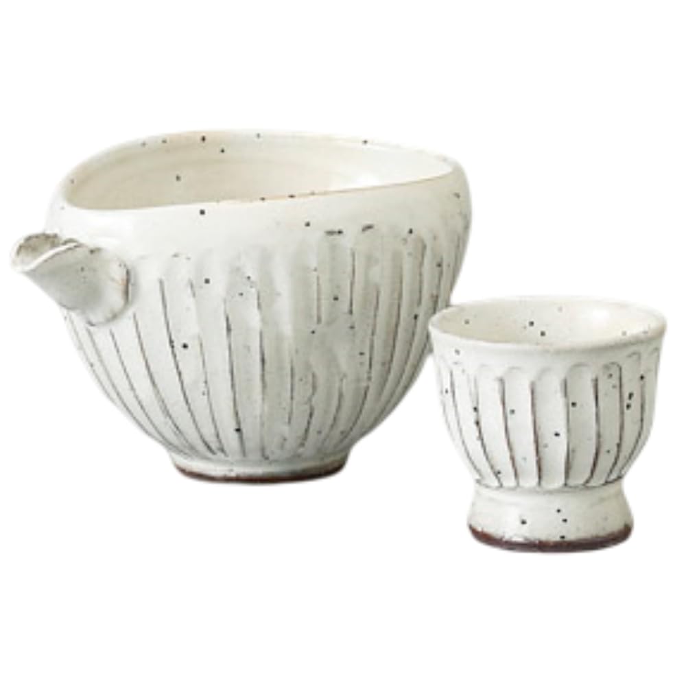Sake Tokkuri and Ochoko Diameter X X Height Kohiki Faceted Katakuchi Chilled Sake Mino Suitable for Hot Cold and Japanese Sake Ale-net Set, (Cupcake)