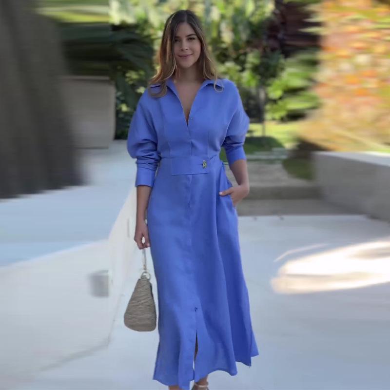 Rochie elegantă albastră cu mâneci lungi pentru femei, de primăvară/vară