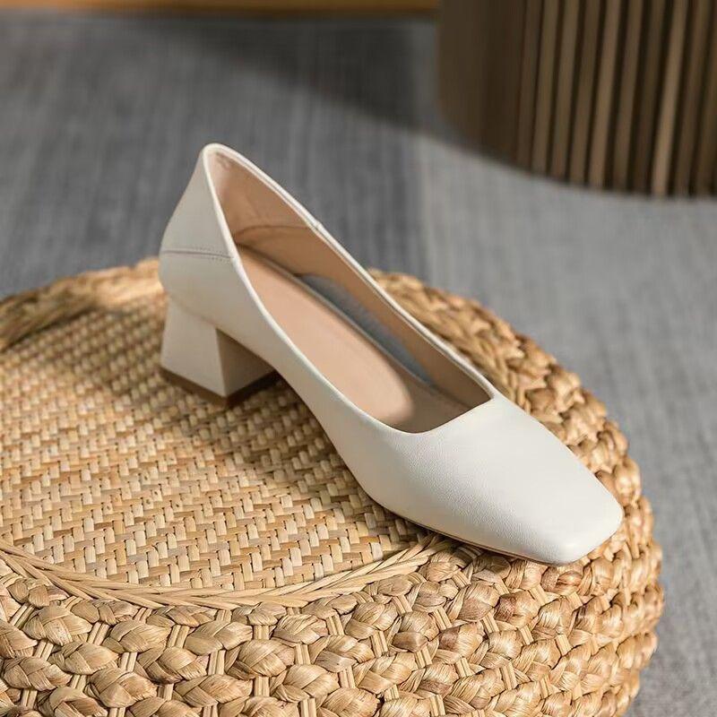 Calzado de Verano para Mujer Zapatos de Punta Cuadrada Para Mujer 2024 Con Tacones Medianos Blanco Oficina Social Elegante Clásico Moda Una Primavera Y2k