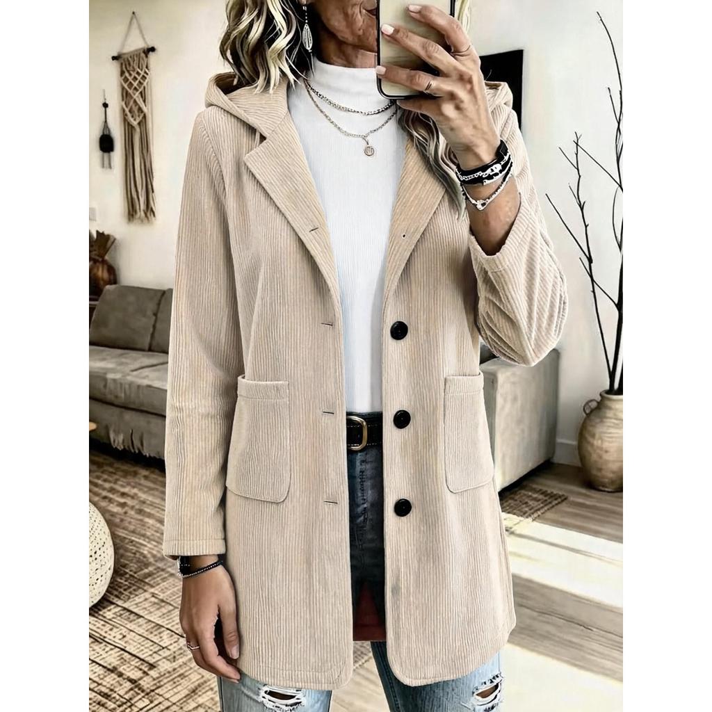 New Autumn Women's Loose Mid-length Corduroy Hooded Jacket, Casual Streetwear Outerwear for Crossborder