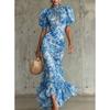 TIFICY Damen Mode Sommer Frühling Blumenmuster Druck Kurzarm Hoher Kragen Hohe Taille Freizeitkleider