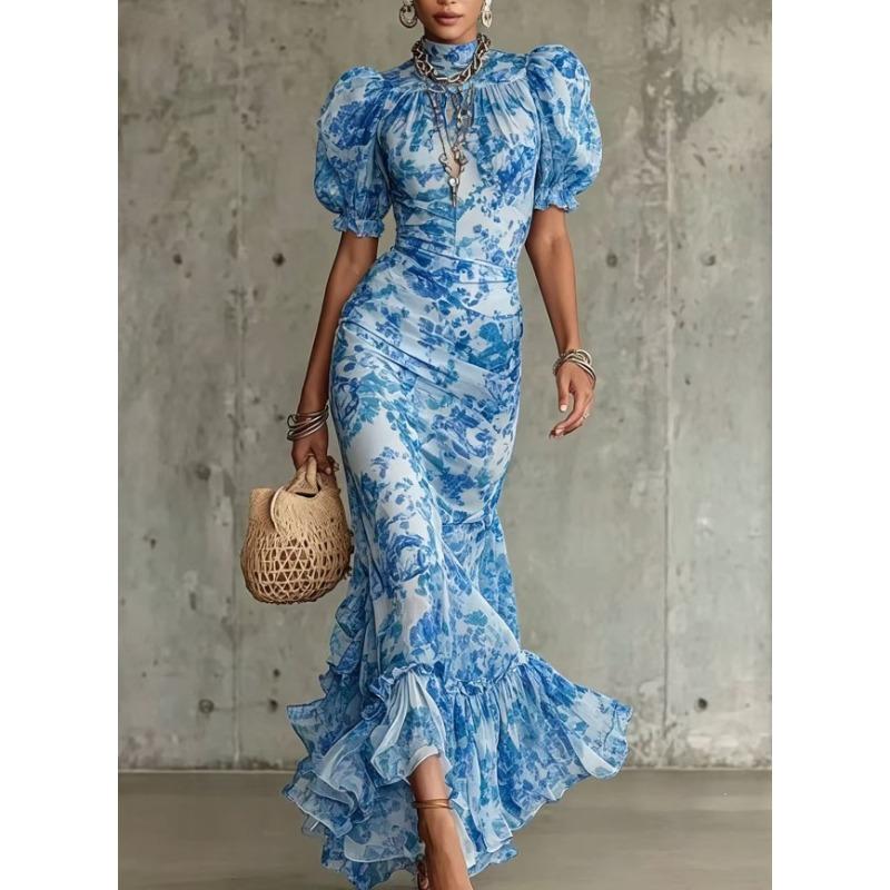 TIFICY Damen Mode Sommer Frühling Blumenmuster Druck Kurzarm Hoher Kragen Hohe Taille Freizeitkleider