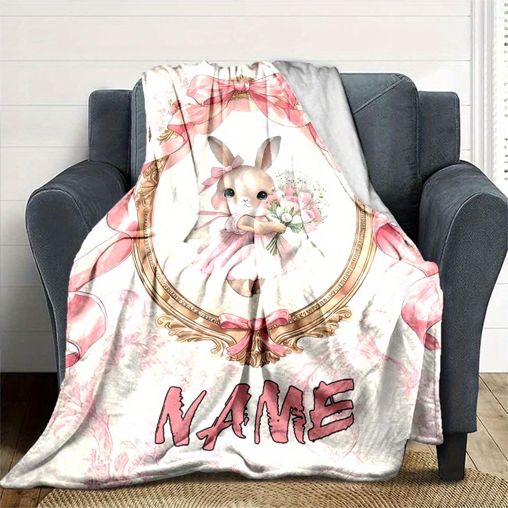Bunny Rabbit With Bouquet In Pink Dress And Ribbon Frame Four Seasons Blanket Customized With Your Name Lightweight And Warm Perfect Gift For Home