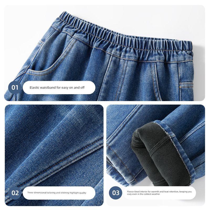 Hello Kitty Girls' Fleece-Lined Jeans Children's Cotton Pants Integrated Fleece Long Pants Thickened Pants Children's Winter Clothing