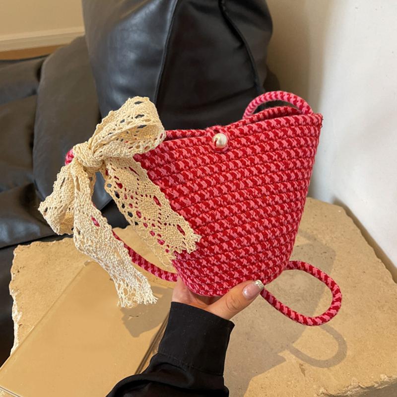 Yogodlns Einfache Streifenwebart Umhängetasche Seilwebart Süße Beuteltasche Schultertasche mit Schleife Strandtasche