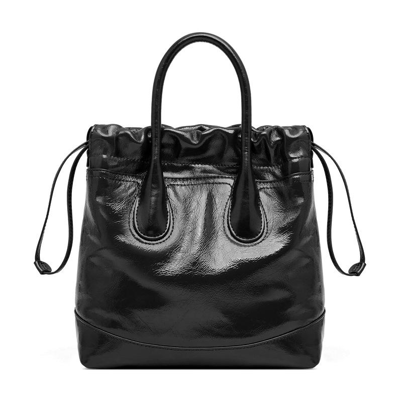 Song Niche First Layer Cowhide Retro Drawstring Handbag Shoulder Crossbody Bucket Bag Pleated Bag Genuine Leather Women's Bag