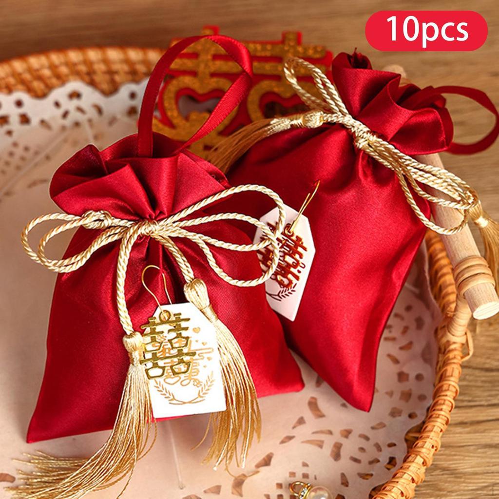 10 Pieces Red Drawstring Bags for Wedding Treats, Satin Goodies Pouches